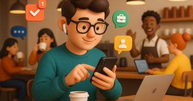 Illustration of gig worker checking phone in a busy coffee shop setting setting, with a creative mood.