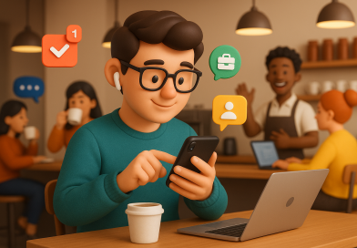 Illustration of gig worker checking phone in a busy coffee shop setting setting, with a creative mood.