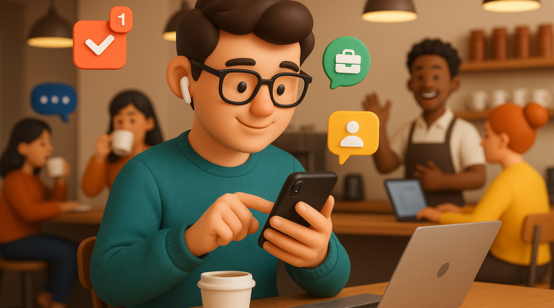 Illustration of gig worker checking phone in a busy coffee shop setting setting, with a creative mood.