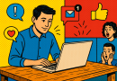 Illustration of freelancer working on laptop in a laptop on rustic table setting, with a creative mood.