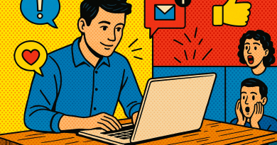 Illustration of freelancer working on laptop in a laptop on rustic table setting, with a creative mood.