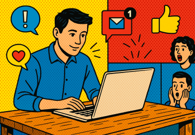 Illustration of freelancer working on laptop in a laptop on rustic table setting, with a creative mood.