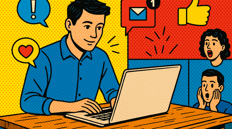 Illustration of freelancer working on laptop in a laptop on rustic table setting, with a creative mood.