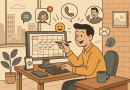 Illustration of person scheduling tasks in a urban apartment interior setting, with a inspired mood.