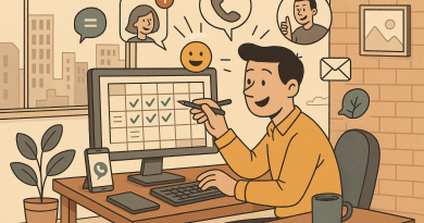 Illustration of person scheduling tasks in a urban apartment interior setting, with a inspired mood.