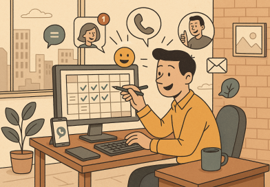 Illustration of person scheduling tasks in a urban apartment interior setting, with a inspired mood.