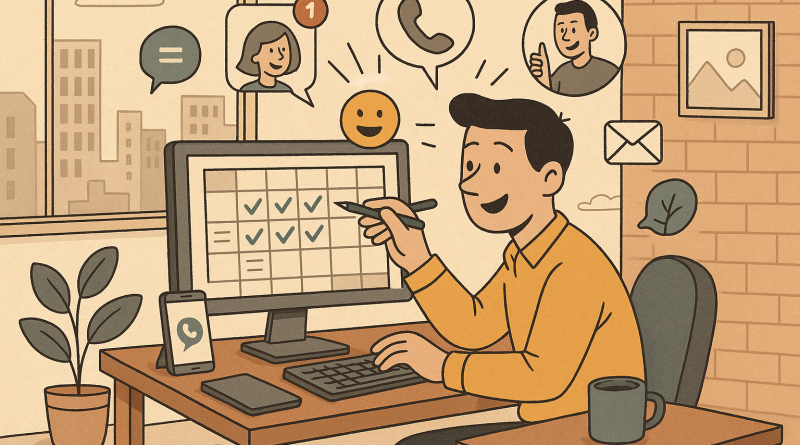 Illustration of person scheduling tasks in a urban apartment interior setting, with a inspired mood.