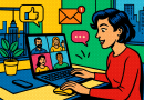 Illustration of team collaborating remotely in a urban apartment interior setting, with a creative mood.