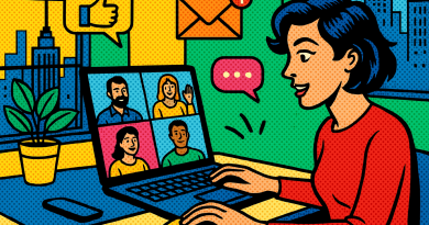 Illustration of team collaborating remotely in a urban apartment interior setting, with a creative mood.