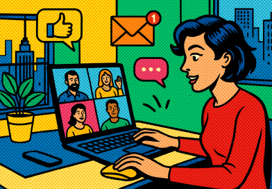 Illustration of team collaborating remotely in a urban apartment interior setting, with a creative mood.
