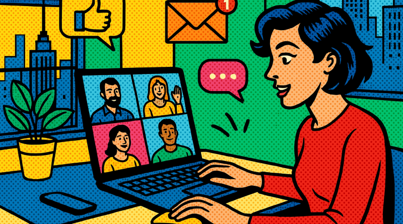 Illustration of team collaborating remotely in a urban apartment interior setting, with a creative mood.
