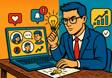 Illustration of startup founder brainstorming in a laptop on rustic table setting, with a focused mood.