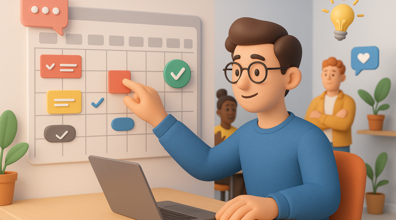 Illustration of person scheduling tasks in a shared creative hub setting, with a creative mood.