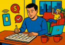 Illustration of person scheduling tasks in a urban apartment interior setting, with a relaxed mood.