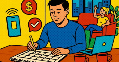 Illustration of person scheduling tasks in a urban apartment interior setting, with a relaxed mood.