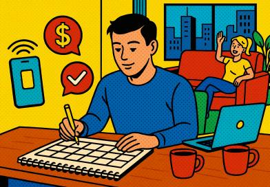 Illustration of person scheduling tasks in a urban apartment interior setting, with a relaxed mood.