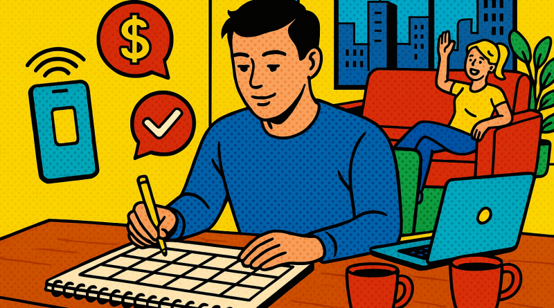 Illustration of person scheduling tasks in a urban apartment interior setting, with a relaxed mood.