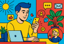 Illustration of gig worker checking phone in a sunlit digital nomad workspace setting, with a inspired mood.