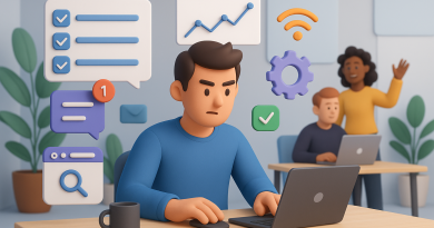 Illustration of freelancer using productivity tools in a shared creative hub setting, with a determined mood.