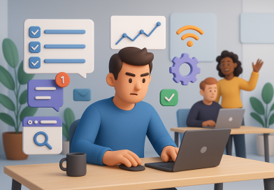 Illustration of freelancer using productivity tools in a shared creative hub setting, with a determined mood.