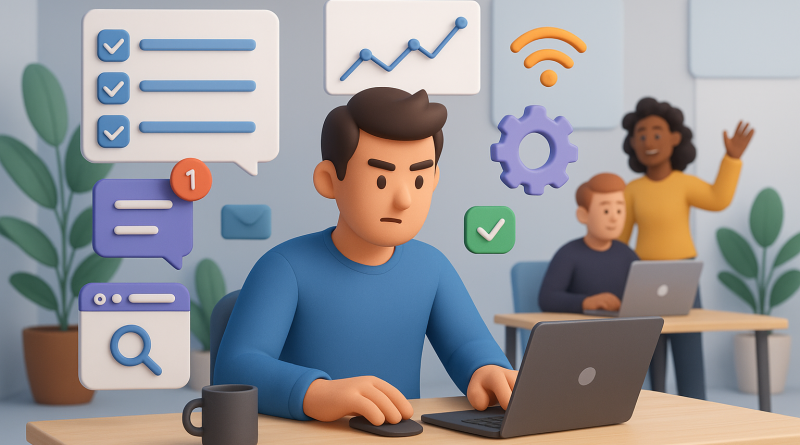 Illustration of freelancer using productivity tools in a shared creative hub setting, with a determined mood.