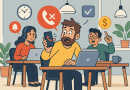 Illustration of team collaborating remotely in a modern coworking space setting, with a determined mood.