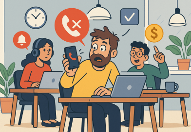 Illustration of team collaborating remotely in a modern coworking space setting, with a determined mood.