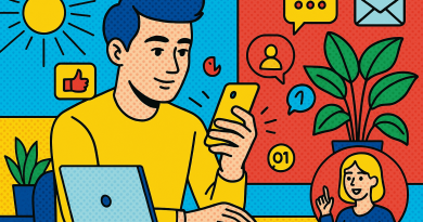 Illustration of gig worker checking phone in a sunlit digital nomad workspace setting, with a inspired mood.