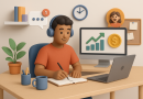 Illustration of freelance writer with notebook in a home office setup setting, with a creative mood.