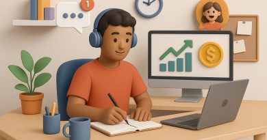 Illustration of freelance writer with notebook in a home office setup setting, with a creative mood.