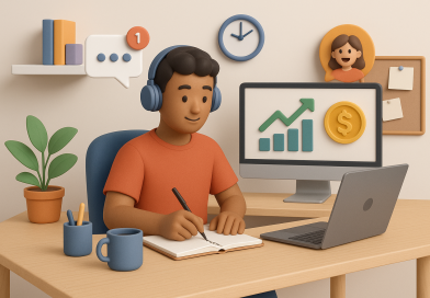 Illustration of freelance writer with notebook in a home office setup setting, with a creative mood.