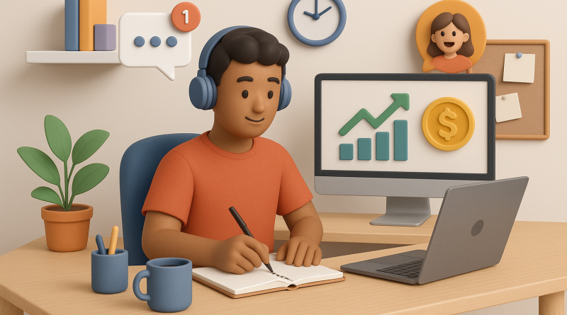Illustration of freelance writer with notebook in a home office setup setting, with a creative mood.