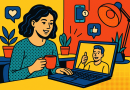 Illustration of remote worker on video call in a creative studio environment setting, with a relaxed mood.