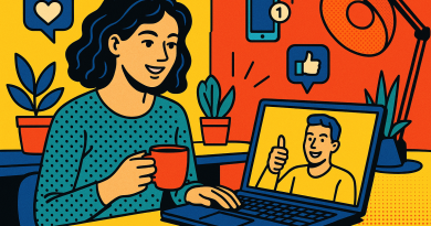 Illustration of remote worker on video call in a creative studio environment setting, with a relaxed mood.