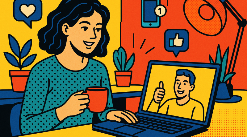 Illustration of remote worker on video call in a creative studio environment setting, with a relaxed mood.