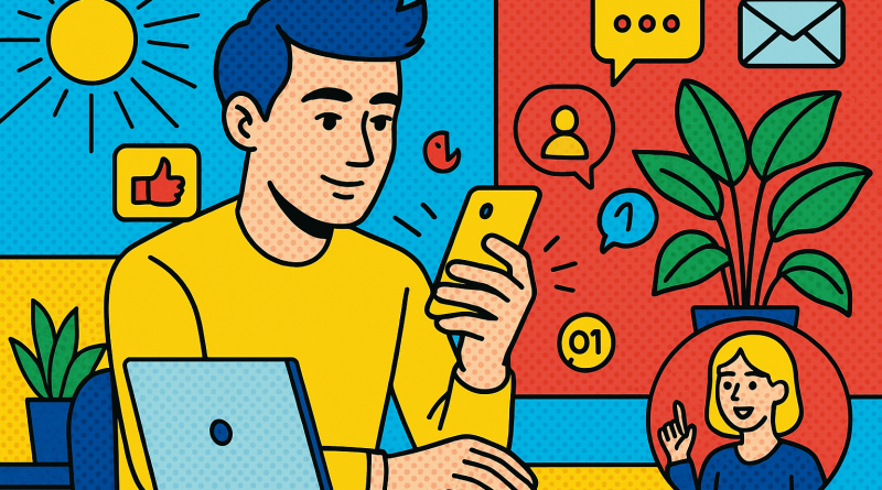 Illustration of gig worker checking phone in a sunlit digital nomad workspace setting, with a inspired mood.