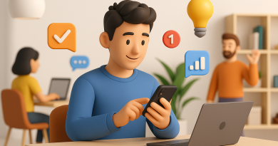 Illustration of gig worker checking phone in a modern coworking space setting, with a creative mood.