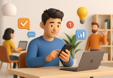 Illustration of gig worker checking phone in a modern coworking space setting, with a creative mood.