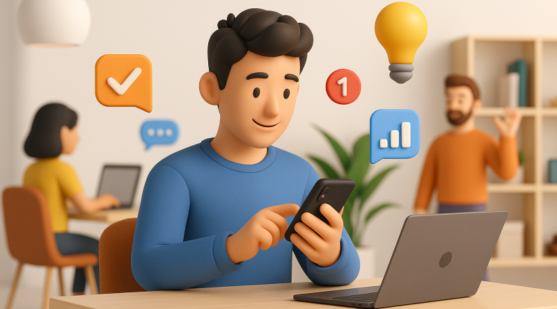 Illustration of gig worker checking phone in a modern coworking space setting, with a creative mood.