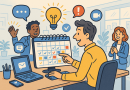 Illustration of person scheduling tasks in a tech startup office setting, with a inspired mood.