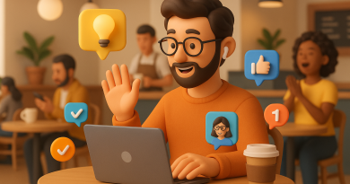 Illustration of remote worker on video call in a busy coffee shop setting setting, with a inspired mood.