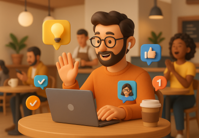 Illustration of remote worker on video call in a busy coffee shop setting setting, with a inspired mood.