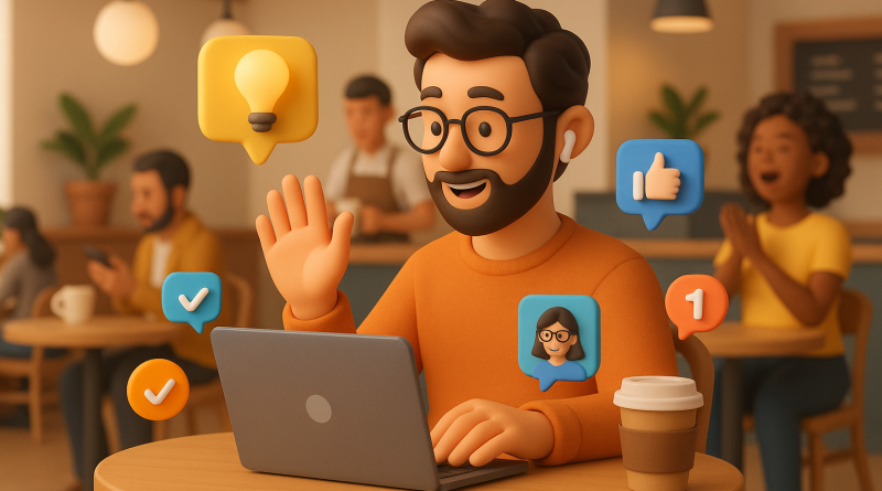 Illustration of remote worker on video call in a busy coffee shop setting setting, with a inspired mood.