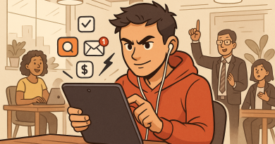 Illustration of young entrepreneur on tablet in a shared creative hub setting, with a determined mood.