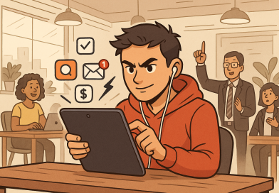 Illustration of young entrepreneur on tablet in a shared creative hub setting, with a determined mood.