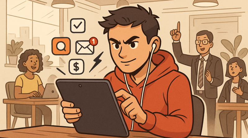 Illustration of young entrepreneur on tablet in a shared creative hub setting, with a determined mood.