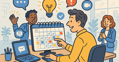 Illustration of person scheduling tasks in a tech startup office setting, with a inspired mood.