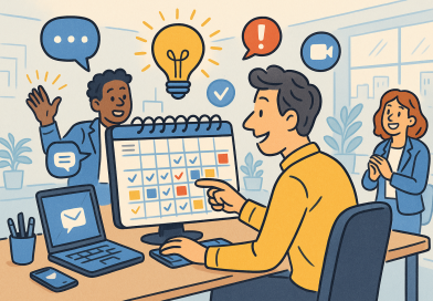Illustration of person scheduling tasks in a tech startup office setting, with a inspired mood.