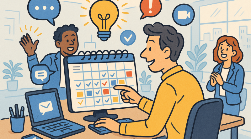 Illustration of person scheduling tasks in a tech startup office setting, with a inspired mood.