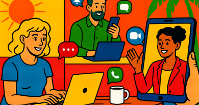 Illustration of team collaborating remotely in a sunlit digital nomad workspace setting, with a relaxed mood.